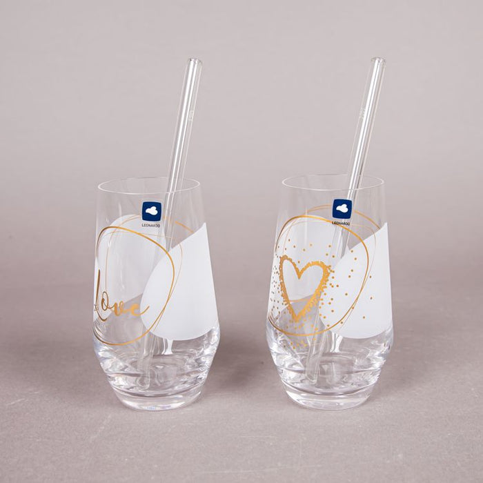 PRESENTE 2PCS GLASS 21CM W/STRAW LOVE (202015989)