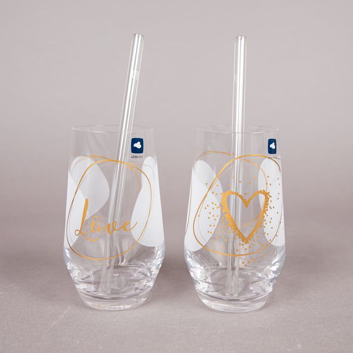 PRESENTE 2PCS GLASS 21CM W/STRAW LOVE (202015989)