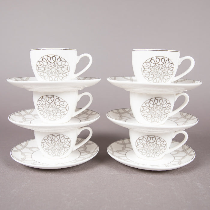 FOSUNY SET 6 90CC NEW BONE CHINA COFFEE CUP&SAUCER GREY/WHITE (202029013)