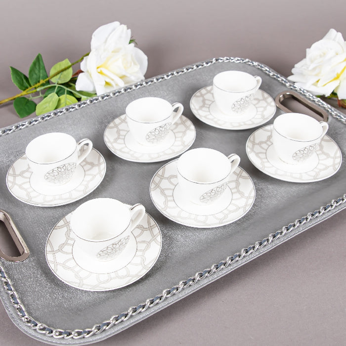 FOSUNY SET 6 90CC NEW BONE CHINA COFFEE CUP&SAUCER GREY/WHITE (202029013)