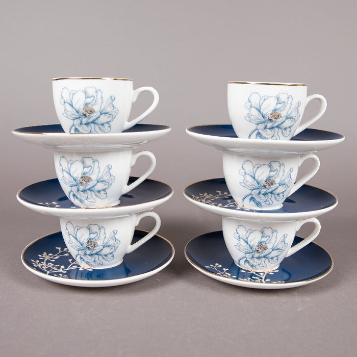 FOSUNY SET 6 90CC NEW BONE COFFEE CUP&SAUCER BLUE/GOLD (202029018)